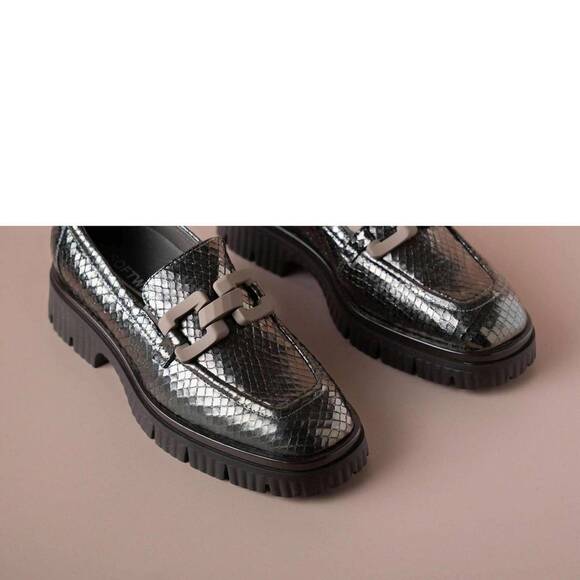 NEW SOFTWAVES women's leather loafer in pewter metallic Size41 - Picture 2 of 3